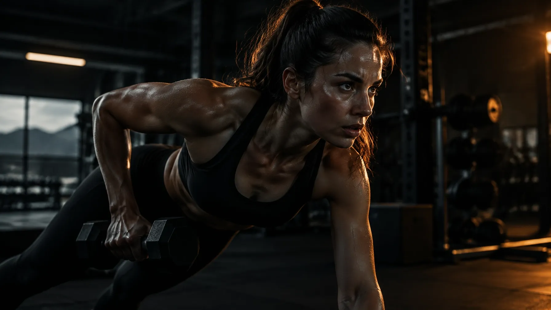 Determined athlete training with a dumbbell in a dark performance space