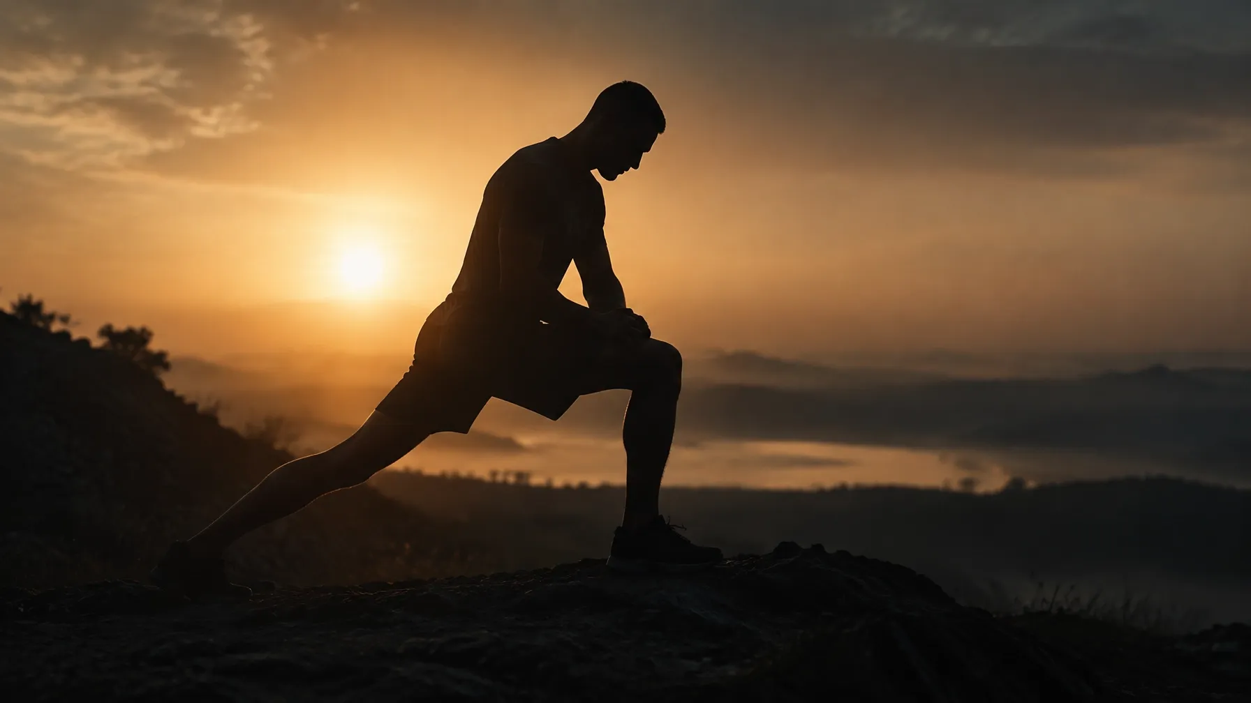 Backlit athlete stretching at sunset on a rocky trail