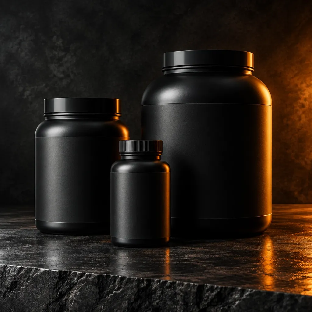 Three matte black supplement containers lit with neutral light